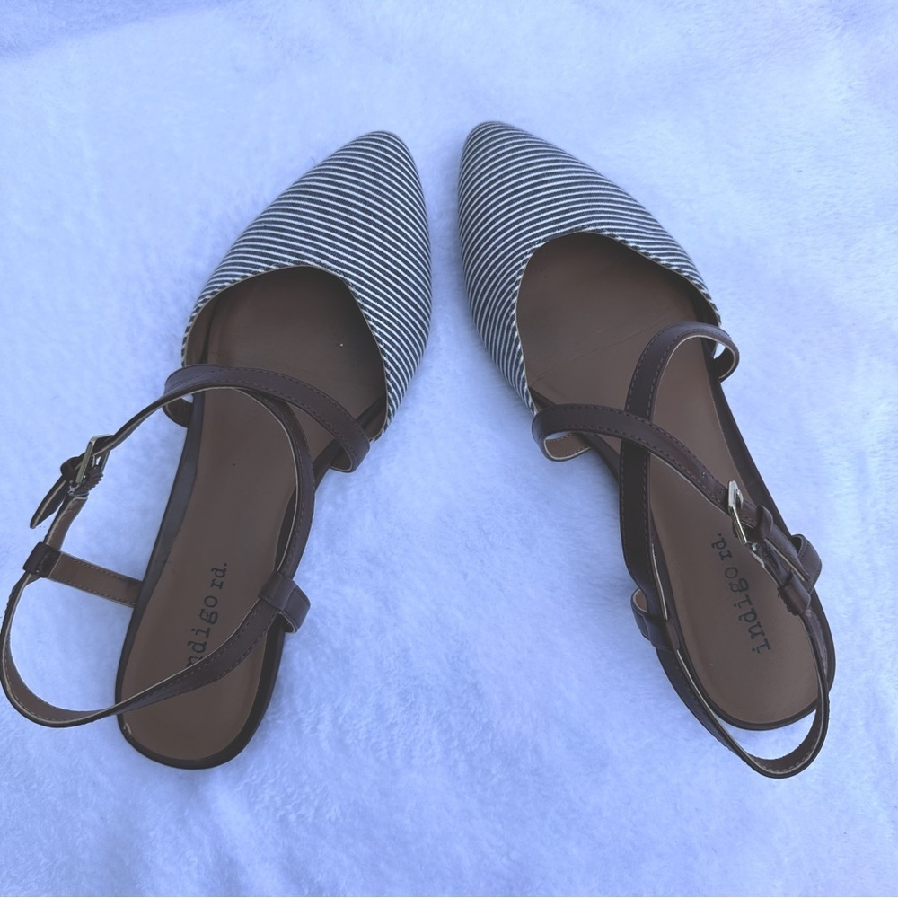 Indigo Striped Blue and White Sandals with Brown Straps - Picture 2 of 6